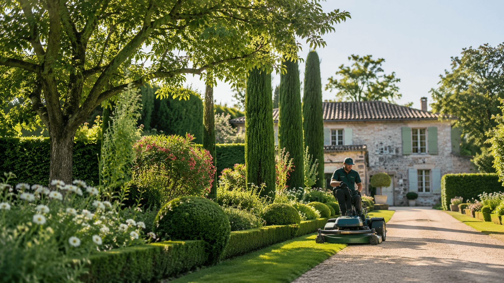 Paysagiste B&M Espaces Verts tondant une propriété de caractère dans le Gers, haies taillées et jardin entretenu